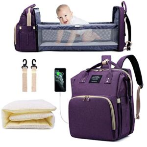 SALIFA Diaper Bag Backpack with Changing Station, Nappy Baby Bags with Foldable Baby Bed & Portable Changing Pad, 900D Waterproof Crib Infant Sleeper Nest for Girl Boy (Purple)