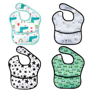 Baby Waterproof Adjustable Smock Bib for Feeding with Crumb Catcher Pocket, Sleeveless Plastic Eating Weaning Bib Set for Infants and Toddlers (4 Packs, 6 – 36 Months)