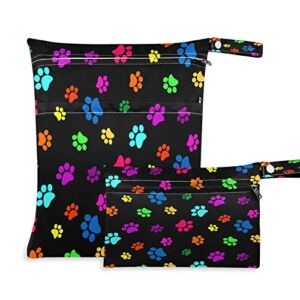 Colorful Dog Cat Paw Print Wet Dry Bag Set Waterproof Reusable Baby Diaper Bags Organizer with Two Zippered Pockets for Travel Beach Swimming Swimsuit Wet Clothes 2 Pack