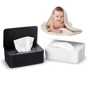 2 Pieces Baby Wipes Dispenser Baby Wipe Case Holder Wet Wipes Storage Box Pouch with Lids Dustproof Wipe Container for Keeping Wipes Fresh for Home Office (Black, White)