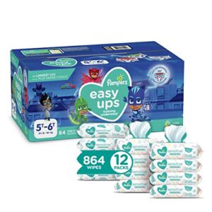 Pampers Easy Ups and Baby Wipes – Pull On Disposable Potty Training Underwear for Girls and Boys, Size 7 (5T-6T), 84 Count with Sensitive Wipes, 12X Pop-Top Packs, 864 Count