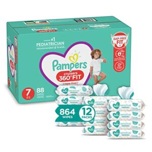 Diapers Size 7, 88 Count and Baby Wipes – Pampers Pull On Cruisers 360° Fit Baby Diapers with Stretchy Waistband, ONE Month Supply with Sensitive Wipes, 12X Pop-Tops, 864 Count (Packaging May Vary)