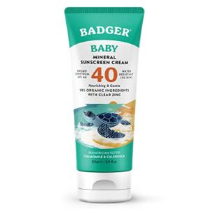 Badger SPF 40 Baby Sunscreen Cream – Reef-Friendly Broad-Spectrum Water-Resistant Baby Sunscreen with Zinc Oxide – Chamomile and Calendula, 2.9 oz