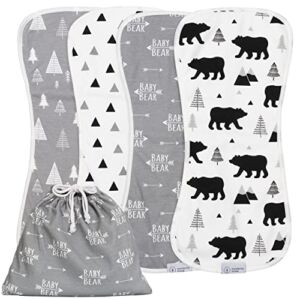 Organic Burp Cloths with Burp Cloth Bag – Baby Bear Burping Cloths for Boy or Girl – XLarge Soft Spit Up Rags, Extra Absorbent, Woodland Nursery, 4 Pack