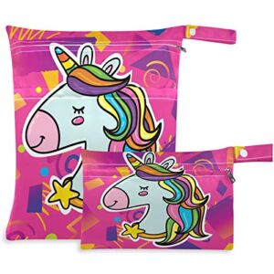 visesunny Magic Unicorn Head Bright Pink Hipster Trendy 2Pcs Wet Bag with Zippered Pockets Washable Reusable Roomy for Travel,Beach,Pool,Daycare,Stroller,Diapers,Dirty Gym Clothes, Wet Swimsuits, Toil