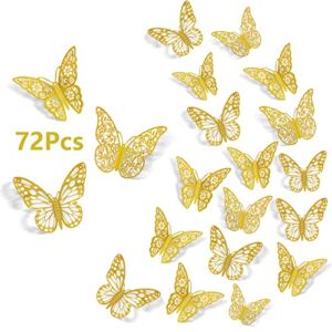 SAOROPEB 3D Gold Butterfly Wall Decor 72Pcs 3 Sizes 3 Styles Butterfly Party Decorations Cake Decorations Removable Stickers Wall Decor Room Mural Metallic Kids Bedroom Nursery Classroom Wedding Decor Birthday Decor Paper Butterflies