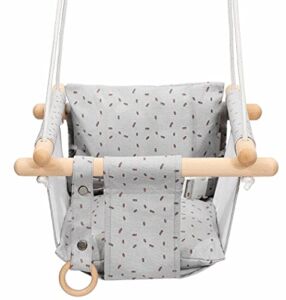 Mlian Secure Canvas and Wooden Baby Hanging Swing Seat Chair Indoor and Outdoor Hammock Backyard Outside Swing Kids Toys Swings 6-36 Months with Natural Wooden Ring and Secure Seat Belt, Light Gray
