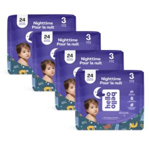 Hello Bello Premium Overnight Baby Diapers I Affordable Hypoallergenic and Eco-Friendly Extra Absorbent Diapers for Babies and Kids at Night I Size 3 I Gender Neutral Design I 96 Count (4 Packs of 24)