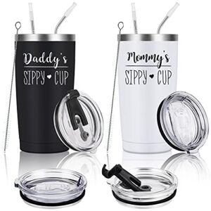 Daddy’s and Mommy’s Sippy Cup Travel Tumbler Set, Father’s Day Christmas Gifts for New Parents Dad Mom Papa Mama Anniversary, Insulated Stainless Steel Travel Tumbler with Straw(20oz, Black and White)