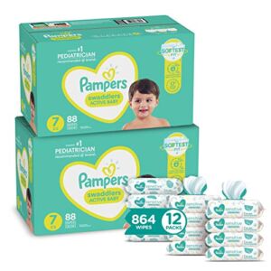Pampers Swaddlers Disposable Baby Diapers Size 7, 2 Month Supply (2 x 88 Count) with Sensitive Water Based Baby Wipes, 12X Pop-Top Packs (864 Count)
