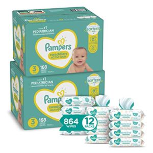 Pampers Swaddlers Disposable Baby Diapers Size 3, 2 Month Supply (2 x 168 Count) with Sensitive Water Based Baby Wipes, 12X Pop-Top Packs (864 Count)