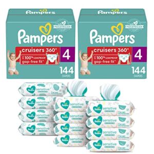 Pampers Baby Diapers and Wipes (2 Month Supply) – Pull On Cruisers 360° Fit Diapers with Stretchy Waistband Size 4 (2 x 144 Count) with Sensitive Baby Wipes, 12X Pop-Top Packs, 864 Count