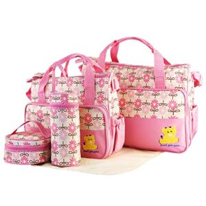 5PCS Diaper Bag Tote Set, Baby Nappy Diaper Bags, Travel Tote for Mom Dad (Pink)
