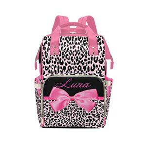 Personalized Pink Leopard Diaper Bag Backpack with Name Custom Mommy Baby Bags Waterproof Casual Travel Daypack for Mom Girl Gifts