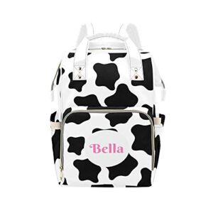 Personalized White and Black Cow Skin Print Diaper Bag with Name Nappy Bags Casual Daypack Waterproof Mummy Backpack for Mom Girl