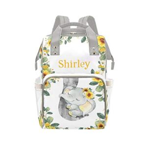 Personalized Cute Elephant Sunflower Diaper Bag with Name Nappy Bags Casual Daypack Waterproof Mummy Backpack for Mom Girl