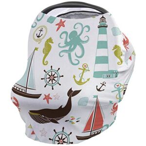 Nautical Ultra-Soft Baby Car Seat Cover for Spring Autumn Winter, Windproof Shopping Cart Covers, Breastfeeding Scarf High Chair Covers – Cute Marine Life Sailing Houselight
