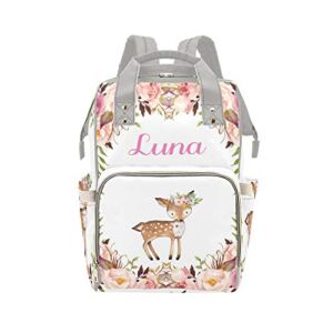 Personalized Deer Floral Diaper Bag Backpack with Name Custom Mommy Nursing Baby Bags Nappy Bag Casual Travel Daypack for Mom Girl Gifts