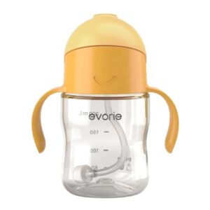 Evorie Tritan Weighted Straw Sippy Cup with Handles for Baby and Toddlers 6 months up, 7 Oz Leakproof Soft Silicone Straw first Infant Water Bottle (Apricot)
