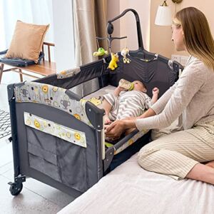 SKIH 5 in 1 Baby Bedside Sleeper, Baby Bassinet, Bedside Cribs with Toys & Music Box, Mattress, Foldable Baby Playard, Portable Travel Crib for Girl Boy Infant Newborn (Grey)
