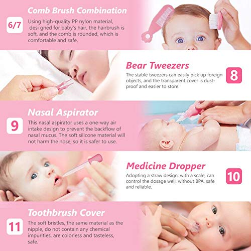 Baby Grooming Kit, 11 in 1 Portable Baby Safety Care Set with Hair Brush Comb Nail Clipper Nasal Aspirator etc for Nursery Newborn Infant Girl Boys Keep Clean(Pink) (Pink) | The Storepaperoomates Retail Market - Fast Affordable Shopping