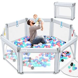 Foldable Baby Playpen, Dripex Upgrade Kids Large Playard with 5 Handlers,Indoor & Outdoor Kids Activity Center,Infant Safety Gates with Breathable Mesh,Sturdy Play Yard for Toddler, Light Gray