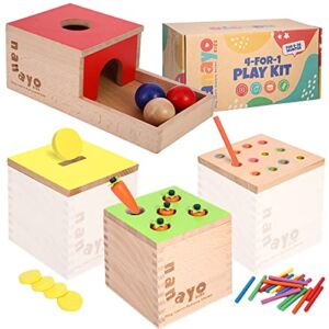 nanayo 4-for-1 Play Kit Includes Object Permanence Box, Montessori Coin Box, Carrot Harvest Game, Matchstick Color Drop Game – Montessori Toys for Babies 6-12 Months, 1 Year, 2 Year and 3 Year