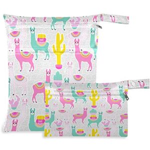 visesunny Cute Llama Colorful Cactus 2Pcs Wet Bag with Zippered Pockets Washable Reusable Roomy for Travel,Beach,Pool,Daycare,Stroller,Diapers,Dirty Gym Clothes, Wet Swimsuits, Toiletries