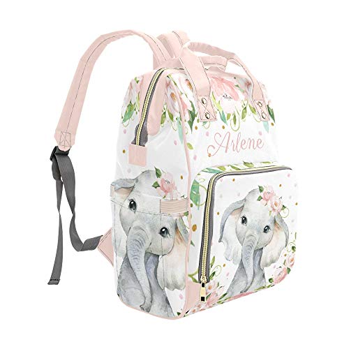 Elephant Floral Pink Personalized Diaper Bag Backpack Tote with Name,Custom Travel Nappy Mommy Bag Backpack for Baby Girl Boy Gift | The Storepaperoomates Retail Market - Fast Affordable Shopping