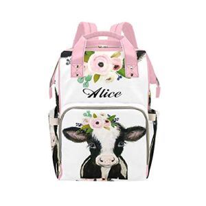 Personalized Cute Cow Diaper Bag with Name Nappy Bags Casual Daypack Waterproof Mummy Backpack for Mom Girl