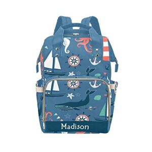 Nautical Anchor Personalized Diaper Bag Backpack Tote with Name,Custom Travel Nappy Mommy Bag Backpack for Baby Girl Boy Gift