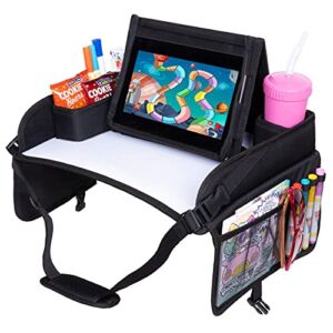 ROVICLU Car Seat Travel Tray for Kids – Carseat Trays Accessories, Toddler Activity Table, Lap Desk with Organizer, Road Trip Essentials – Shoulder Strap Pad, Erasable Board, Smartphone/Table Stand.