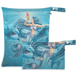 visesunny Blue Mermaid and Dolphin 2Pcs Wet Bag with Zippered Pockets Washable Reusable Roomy for Travel,Beach,Pool,Daycare,Stroller,Diapers,Dirty Gym Clothes, Wet Swimsuits, Toiletries