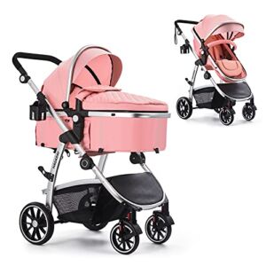 HAGADAY Baby Stroller, Infant Stroller with Reversible Seat, Newborn Stroller with Canopy，Baby Bassinet Stroller(Pink)