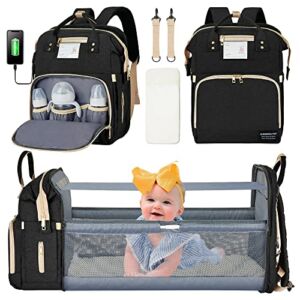 Diaper Bag Backpack Baby Diaper Bag with Changing Station for Baby Girls Boys Waterproof Portable Travel Back Pack Foldable Baby Changing Pad with USB Port & Stroller Straps, Large Capacity, Black