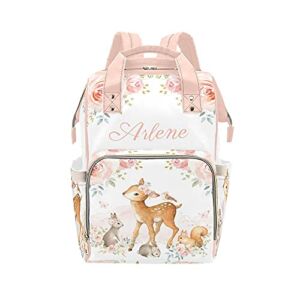 Deer Bunny Floral Pink Woodland Multi-Function Personalized Diaper Bag Backpack Tote with Name,Custom Travel Nappy Mommy Bag Backpack for Baby Girl Boy Gift