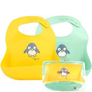 NatureBond Baby Silicone Bibs for Babies & Toddlers, Set of 2 food catcher bibs w/ pouch – BPA free, food grade, waterproof feeding bibs (Lemonade Yellow and Marshmallow Green)