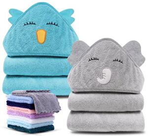 Cute Castle 2 Pack Bamboo Hooded Baby Towel 8 Washcloths – Soft Bath Towel for Bathtub for Newborn, Infant – Ultra Absorbent, Natural Baby Stuff for Boy and Girl (Lovely Elephant, Happy Bird)