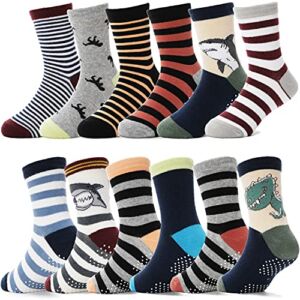 Baby Boys Grips Socks Kids Toddlers Infants Gifts Non Slip/Anti Skid Crew Cotton Socks 12 Pairs Gifts Stocking Stuffers (Brown Striped(12 Pairs),3-5 Y)