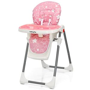 BABY JOY Folding High Chair for Babies & Toddlers, Infant Dining Chair w/ Removable Dishwasher Safe Tray, 5-Point Safety Belt, Wheels, Detachable Cushion, Adjustable Backrest Footrest & Height (Pink)