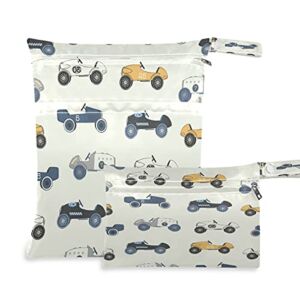 Wet Dry Bag 2 Pack Vintage Car Pattern Print Waterproof Kids Baby Cloth Diaper Wet Bags Organizer Pouch Zippered Pockets Yoga Gym Wet Dry Bag for Travel Swimsuits