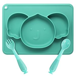 ME.FAN Baby Plates with Divided – Toddler Plates with Bendable Spoons and Forks Sets – Silicone Suction Plates Mats – Baby Dishes Kids Plates and Utensils – Koala Dark Green