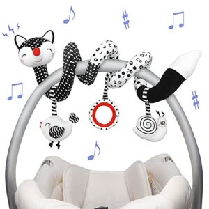 Euyecety Baby Spiral Plush Toys, Black White Stroller Toy Stretch & Spiral Activity Toy Car Seat Toys, Hanging Rattle Toys for Crib Mobile, Newborn Sensory Toy Best Gift for 0 3 6 9 12 Months Baby-Fox