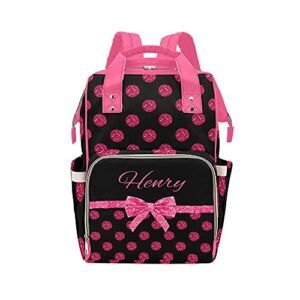 Hot Pink Glitter Polka Dots Bow Diaper Bag Backpack with Name for Men Women Custom Personalized Nursing Baby Bags Shoulders Travel Bag Daypack