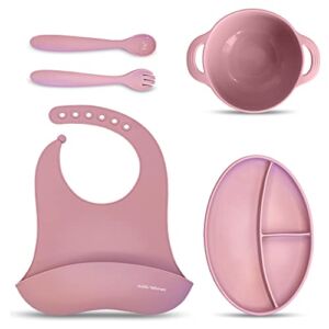Keiki Tableware Baby Feeding Set – Pack of 5 – Feeding Supplies for Toddlers with Silicone Suction Plate, Bowl, Spoons and Bib – Self Eating Utensils Set Microwave Dishwasher Safe – Mauve