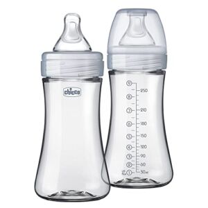 Chicco Duo 9oz. Hybrid Baby Bottle with Invinci-Glass Inside/Plastic Outside 2-Pack with Slow Flow Anti-Colic Nipple – Clear/Grey