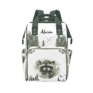 Woodland Forest Raccoon Diaper Bag Backpack with Name for Men Women Custom Personalized Nursing Baby Bags Shoulders Travel Bag Daypack