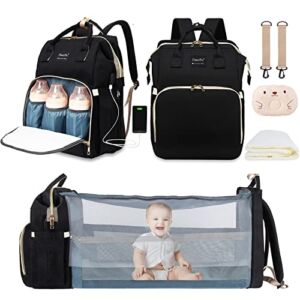 8 In 1 Diaper Bag with Changing Station, PaurFu Waterproof Diaper Baby Bag for Boy Girl, with Foldable Bassinet Bed, Unique Mosquito Net Sunshade,Soft Baby Pillow and USB Charge Port etc (Black)…