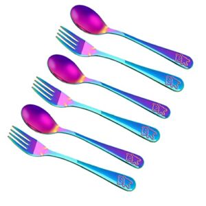 6 Pieces Stainless Steel Rainbow Kids Silverware Children’s Safe Flatware, Baby and Toddler Utensils, Metal Kids Cutlery Set for LunchBox, 3 x Child Forks, 3 x Children Spoons
