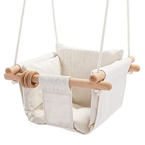 Mlian Secure Canvas and Wooden Baby Hanging Swing Seat Chair Indoor and Outdoor Hammock Backyard Outside Swing Kids Toys Swings 6-36 Months with Lace Décor Cushion and Natural Wooden Ring, Beige